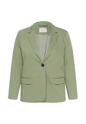 Lichtgroene blazer met een reverskraag, enkele knoopsluiting en twee voorzakken. Gemaakt van gladde stof met een getailleerde pasvorm.