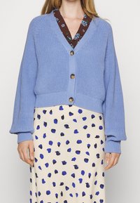 lichtblauwe gebreide cardigan met een diepe V-hals, voorzien van drie bruine knopen en geribde manchetten, gecombineerd met een crèmekleurige rok met blauwe en zwarte stippen.