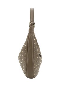 Taupe textured leather handbag with gold-tone studs and a wrist strap, shown from the side against a white background.