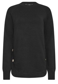 Svart stickad tröja med rund hals, långa ärmar, ribbade muddar och dekorativa gyllene knappar på sidan. Slät textur.