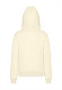 Cream-colored hoodie made of soft fabric, featuring a hood, long sleeves, and ribbed cuffs and hem. Simple, unembellished design.