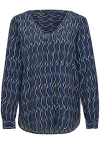 Bluzka z długim rękawem z dekoltem w kształcie litery V, wykonana z granatowego materiału udekorowanego wzorem liści w niebieskich i białych konturach. Miękka w dotyku.