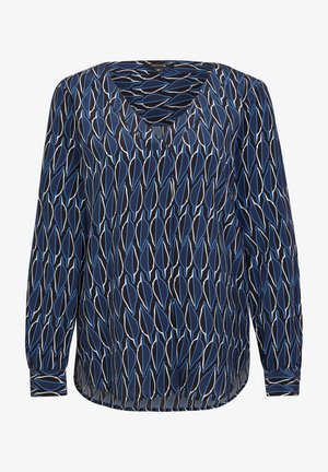 Langärmlige Bluse mit V-Ausschnitt aus navy-blauem Stoff, verziert mit einem Blattmuster in blauen und weißen Umrandungen. Angenehme, weiche Textur.