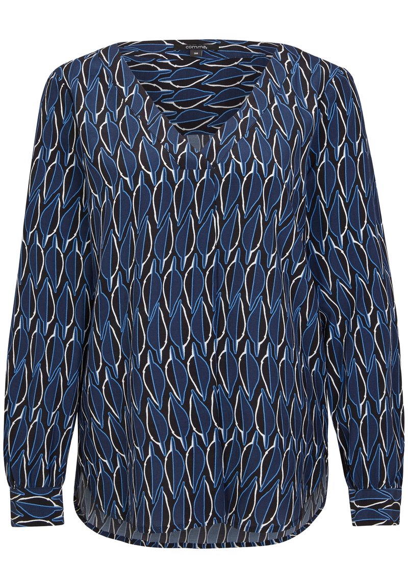 Bluzka z długim rękawem z dekoltem w kształcie litery V, wykonana z granatowego materiału udekorowanego wzorem liści w niebieskich i białych konturach. Miękka w dotyku.
