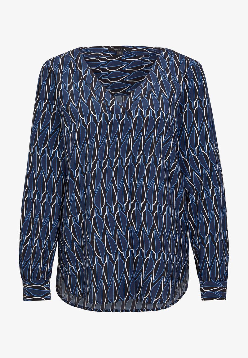 Bluzka z długim rękawem z dekoltem w kształcie litery V, wykonana z granatowego materiału udekorowanego wzorem liści w niebieskich i białych konturach. Miękka w dotyku.