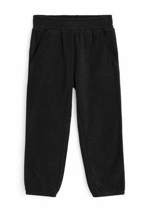 Sorte fleecede joggingbukser med elastisk taljebånd, sidelommer og elastiske manchetter ved anklerne.