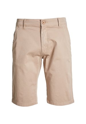 Beige bomulds shorts med lige skæring, med knaplukning, bæltestropper og opfoldede manchetter. Glat tekstur uden synlige mønstre.