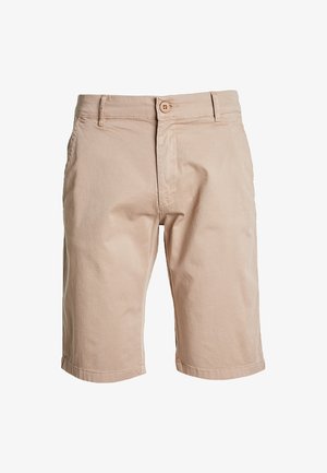 Beige bomulds shorts med lige skæring, med knaplukning, bæltestropper og opfoldede manchetter. Glat tekstur uden synlige mønstre.