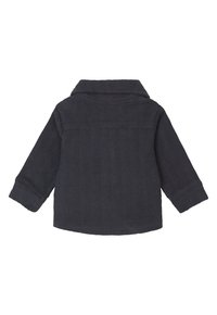 Dunkelgrau gewebte Jacke mit Fischgrätmuster, spitzen Kragen und langen Ärmeln, mit entspannter Passform und texturiertem Finish.