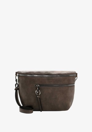 Brown synthetic leather bag with a textured finish, featuring a top zipper and front pocket zipper, detachable shoulder strap.