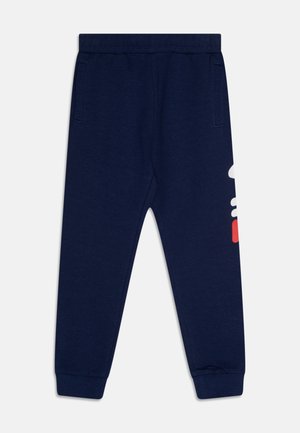 Pantaloni jogger blu navy con vita e polsini elasticizzati, tasche laterali e logo parziale bianco e rosso sulla gamba destra.