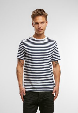 Navy and white striped cotton T-shirt with short sleeves and a round crew neck. Features a relaxed fit and no visible labels or accents.