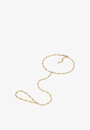 Zartes goldenes Handkettenarmband mit verstellbarem Verschluss und kleinem klarem Edelstein, der Handgelenk und Fingerschlaufen verbindet.