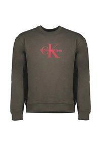 Sudadera de algodón verde con cuello redondo, puños y dobladillo acanalados. Presenta el logo rojo de "Calvin Klein" y un gráfico estilizado "CK" en la parte delantera.