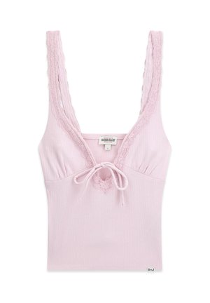 Hellrosa geripptes Tanktop mit spitzenbesetzten Trägern und Ausschnitt, vorne mit Bindeschleife und Guess Jeans Etikett innen.