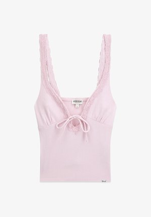 Hellrosa geripptes Tanktop mit spitzenbesetzten Trägern und Ausschnitt, vorne mit Bindeschleife und Guess Jeans Etikett innen.