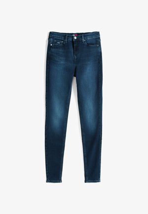 Dunkelblaue Slim-Fit-Jeans mit Front- und Gesäßtaschen, Knopf- und Reißverschluss, leichtem Verblassen an den Oberschenkeln, flach auf weißem Hintergrund ausgelegt.