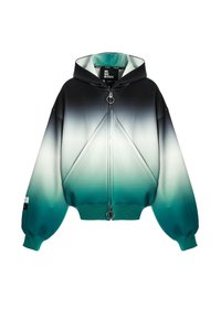 Sudadera con capucha que presenta un diseño ombre, haciendo una transición del negro al teal. Incluye una cremallera frontal y detalles de costura geométrica.