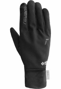 Sorte softshell-handsker med en tekstureret overflade. Har et Gore-Tex Infinium-label, elastisk manchet og forstærket syning for holdbarhed.