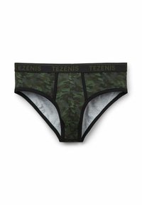 Herrenunterwäsche mit einem Camouflage-Muster in verschiedenen Grüntönen, schwarzem Bündchen mit "TEZENIS"-Branding und einer figurschmeichelnden Passform.