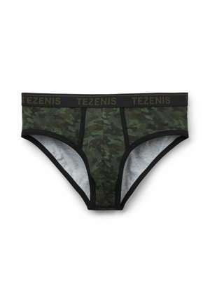 Sous-vêtements pour hommes avec un motif camouflage dans différentes nuances de vert, ceinture noire avec le logo "TEZENIS" et une coupe ajustée.