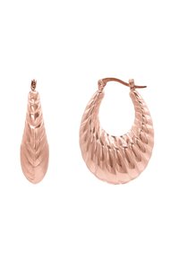 Orecchini in rosé con un design a foglia testurizzata su una forma a goccia elegante e un grande anello scanalato.