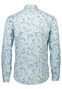 Ljusblå långärmad skjorta med blommönster i gult och blått. Har klassisk krage och knappmanschetter. Slät, vävd tygtextur.