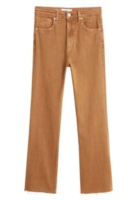 Jeans en denim marron avec taille haute, jambe droite et ourlet brut. Comprend des poches avant et des coutures contrastées. Fabriqués en tissu doux et texturé.