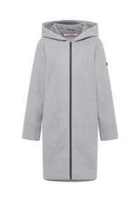 Grijze capuchonjas van zacht materiaal, met een ritssluiting aan de voorkant en twee zijzakken, in een relaxte pasvorm en met lange mouwen.