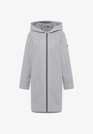 Grauer Kapuzenmantel aus weichem Stoff, mit einem Frontreißverschluss und zwei Seitentaschen, in lockerer Passform und mit langenÄrmeln.