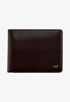 Portefeuille en cuir marron foncé avec une finition texturée, présentant un petit logo en argent dans le coin inférieur droit et des coutures soignées le long des bords.