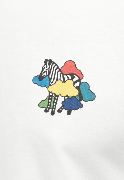 Λευκό ύφασμα με σχέδιο ζέβρας, μαύρες και άσπρες ρίγες, περιτριγυρισμένο από πολύχρωμα σύννεφα σε κόκκινο, κίτρινο, π ράσινο, μπλε και τυρκουάζ.