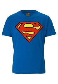 Blue cotton T-shirt featuring a large red and yellow Superman logo in the center. Short sleeves and round neckline.