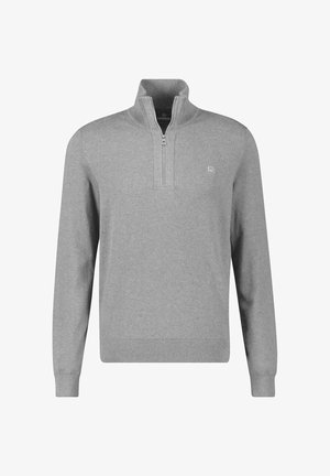 Grauer Pullover mit einem halbhohen Reißverschlusskragen. Hergestellt aus weichem Stoff, verfügt er über lange Ärmel und einen taillierten, gerippten Saum. Kleines Logo auf der Brust.