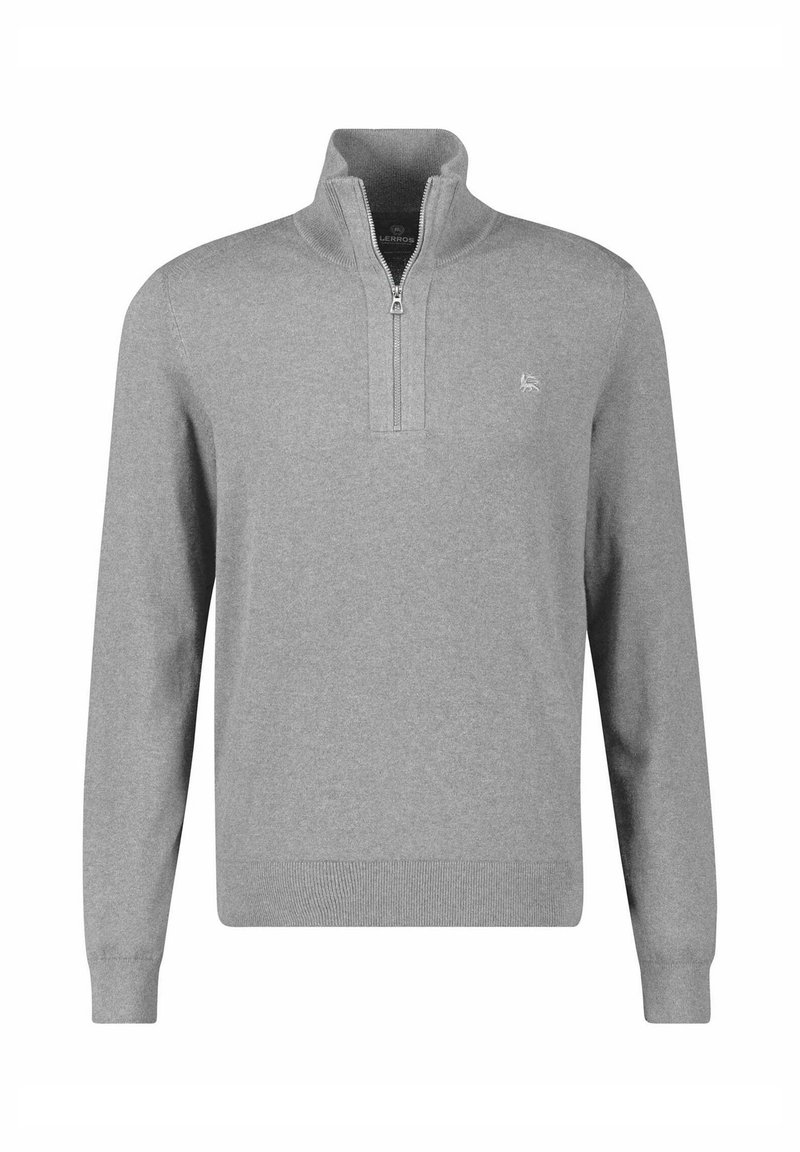 Grauer Pullover mit einem halbhohen Reißverschlusskragen. Hergestellt aus weichem Stoff, verfügt er über lange Ärmel und einen taillierten, gerippten Saum. Kleines Logo auf der Brust.