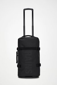 Black wheeled duffel bag made of waterproof material. Features a retractable handle, side straps, and a minimal embossed logo.