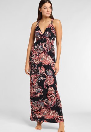 Maxi-jurk van zwarte stof met een roze paisleypatroon. Verstelbare bandjes en een getailleerde top met een vloeiende rok.