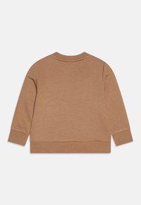 Felpa in cotone marrone, maniche lunghe, scollatura a girocollo, polsini e orlo a coste, texture liscia, design minimalista senza loghi o dettagli visibili.