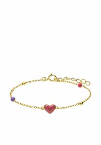 Gouden kettingarmband met een centraal roze hartcharme, twee gekleurde kralen in paars en rood, en een verstelbare sluiting.