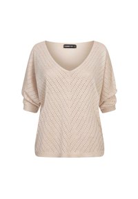 Leichter V-Ausschnitt-Pullover in blassbeige mit offenem Zickzackmuster, kurzen Ärmeln und gerippten Bündchen. Weiche Textur.