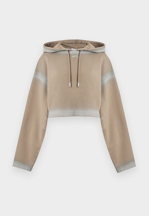 Μπεζ cropped φούτερ με μακριά μανίκια, ρυθμιζόμενα κορδόνια, διακριτική λεπτομέρεια με διαβάθμιση κοντά στις μανσέτες και μικρό κείμενο "OFF" κάτω από το λαιμό.