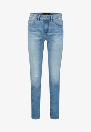 Hellblaue Slim-Fit-Jeans mit leichter Distressierung an den Oberschenkeln, Fronttaschen und Knopfverschluss in der Taille.