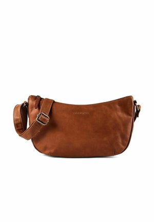 Borsa a tracolla in pelle marrone con tracolla regolabile e logo del marchio in rilievo discreto al centro davanti.