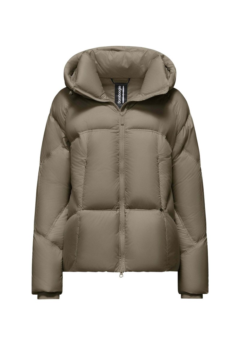 Gevoerde jas in olijfgroen met een capuchon, voorzien van een rits aan de voorkant en een gestikte design. Gemaakt van glad, lichtgewicht materiaal.