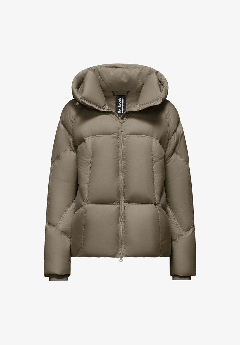 Gevoerde jas in olijfgroen met een capuchon, voorzien van een rits aan de voorkant en een gestikte design. Gemaakt van glad, lichtgewicht materiaal.