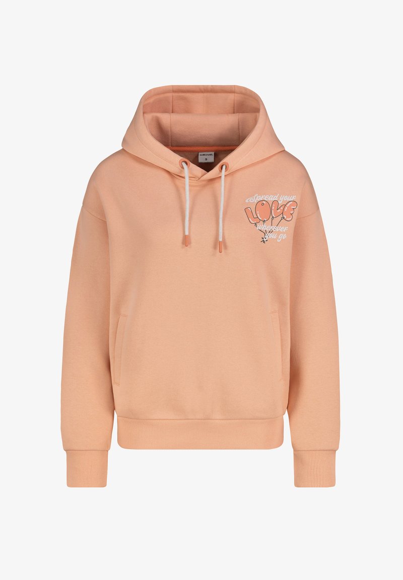 Peach-colored hoodie with a front pocket, drawstring hood, and "Spread your LOVE wherever you go" text design on the chest.