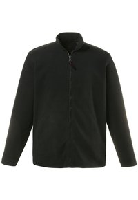 Giacca in pile nera con colletto alto e zip frontale. Maniche lunghe e una superficie liscia, senza pattern o accessori visibili.