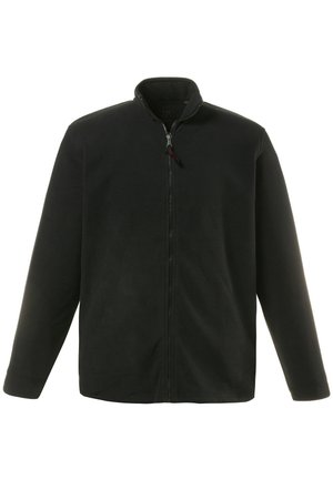 Chaqueta de forro polar negra con un cuello alto y cremallera frontal. Mangas largas y una textura suave, sin patrones visibles ni elementos metálicos.
