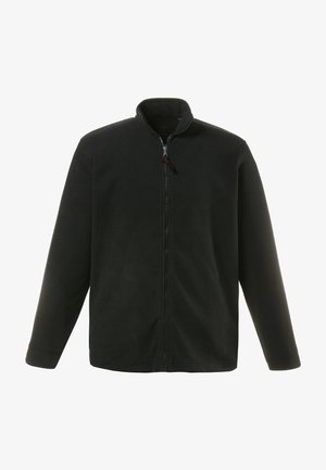 Czarna polarowa kurtka z wysokim kołnierzem i zamek z przodu. Długie rękawy i gładka faktura, bez widocznych wzorów czy elementów metalowych.