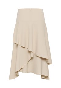 Jupe beige taille haute avec ourlet asymétrique à couches superposées et fermeture éclair dissimulée à l'arrière sur fond blanc.